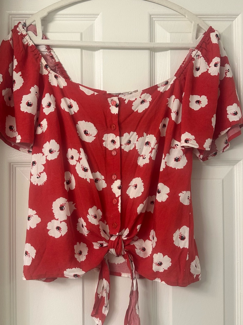 Lush Red Floral Off-Shoulder Tie-Front Blouse